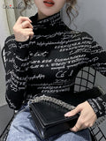 best Fast Ship Vintage Print Tops Letters Doodle T-shirt Women Turtleneck Long Sleeve Slim Stretchy Tee Casual Women Clothing Spring 0 shop online at M2K Trends for