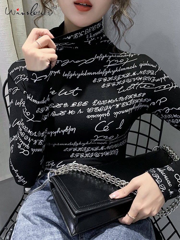 best Fast Ship Vintage Print Tops Letters Doodle T-shirt Women Turtleneck Long Sleeve Slim Stretchy Tee Casual Women Clothing Spring 0 shop online at M2K Trends for