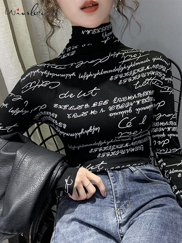 best Fast Ship Vintage Print Tops Letters Doodle T-shirt Women Turtleneck Long Sleeve Slim Stretchy Tee Casual Women Clothing Spring 0 shop online at M2K Trends for