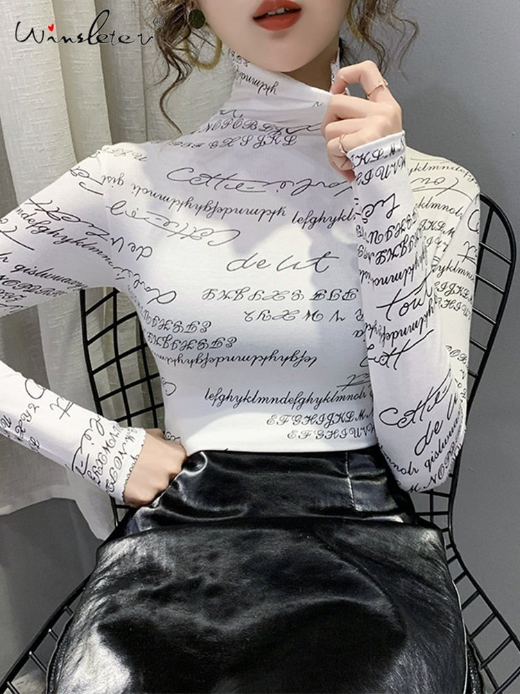 best Fast Ship Vintage Print Tops Letters Doodle T-shirt Women Turtleneck Long Sleeve Slim Stretchy Tee Casual Women Clothing Spring 0 shop online at M2K Trends for