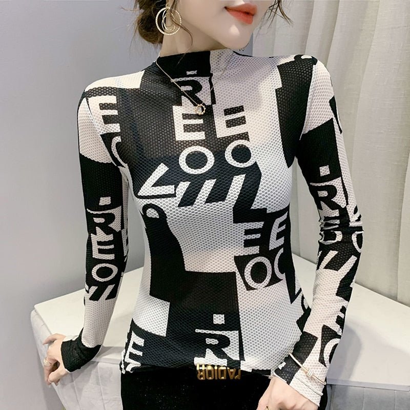 best Fast Ship Vintage Print Tops Letters Doodle T-shirt Women Turtleneck Long Sleeve Slim Stretchy Tee Casual Women Clothing Spring 0 shop online at M2K Trends for