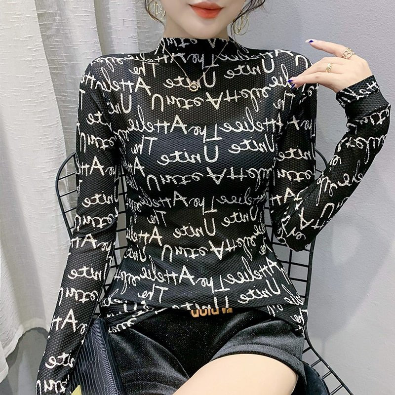 best Fast Ship Vintage Print Tops Letters Doodle T-shirt Women Turtleneck Long Sleeve Slim Stretchy Tee Casual Women Clothing Spring 0 shop online at M2K Trends for