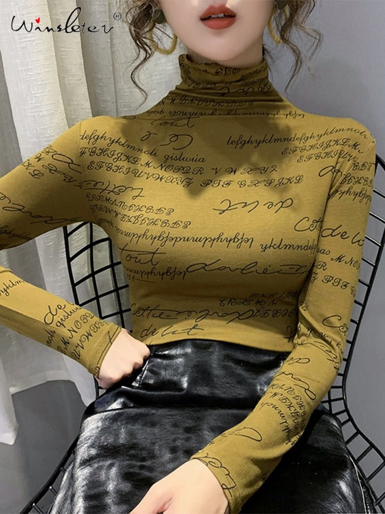 best Fast Ship Vintage Print Tops Letters Doodle T-shirt Women Turtleneck Long Sleeve Slim Stretchy Tee Casual Women Clothing Spring 0 shop online at M2K Trends for