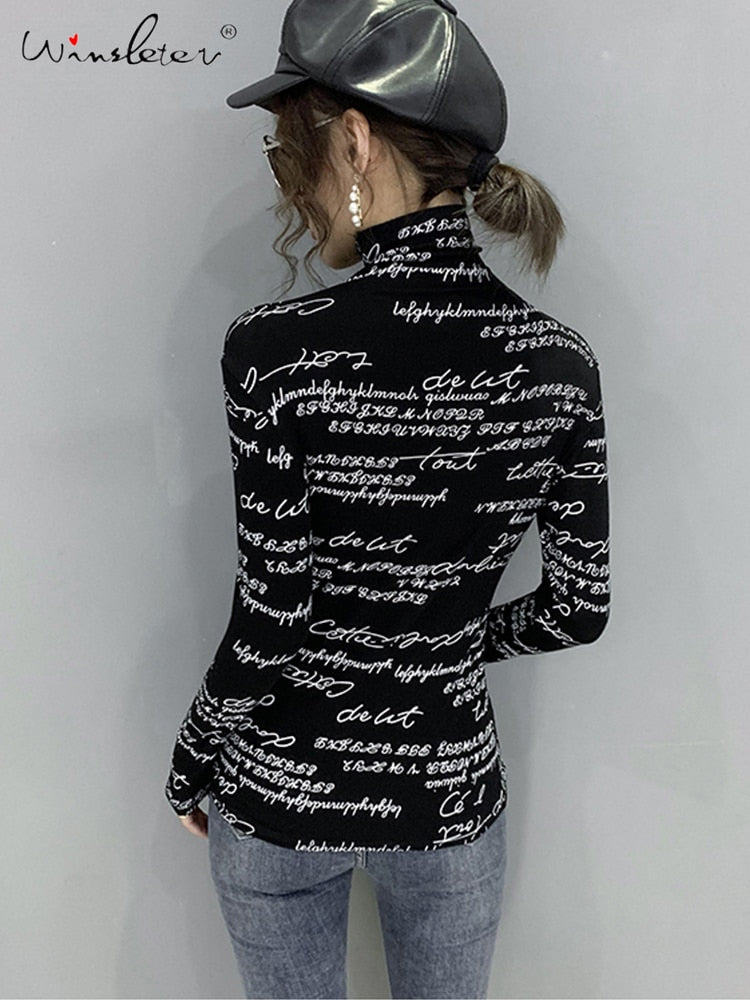 best Fast Ship Vintage Print Tops Letters Doodle T-shirt Women Turtleneck Long Sleeve Slim Stretchy Tee Casual Women Clothing Spring 0 shop online at M2K Trends for