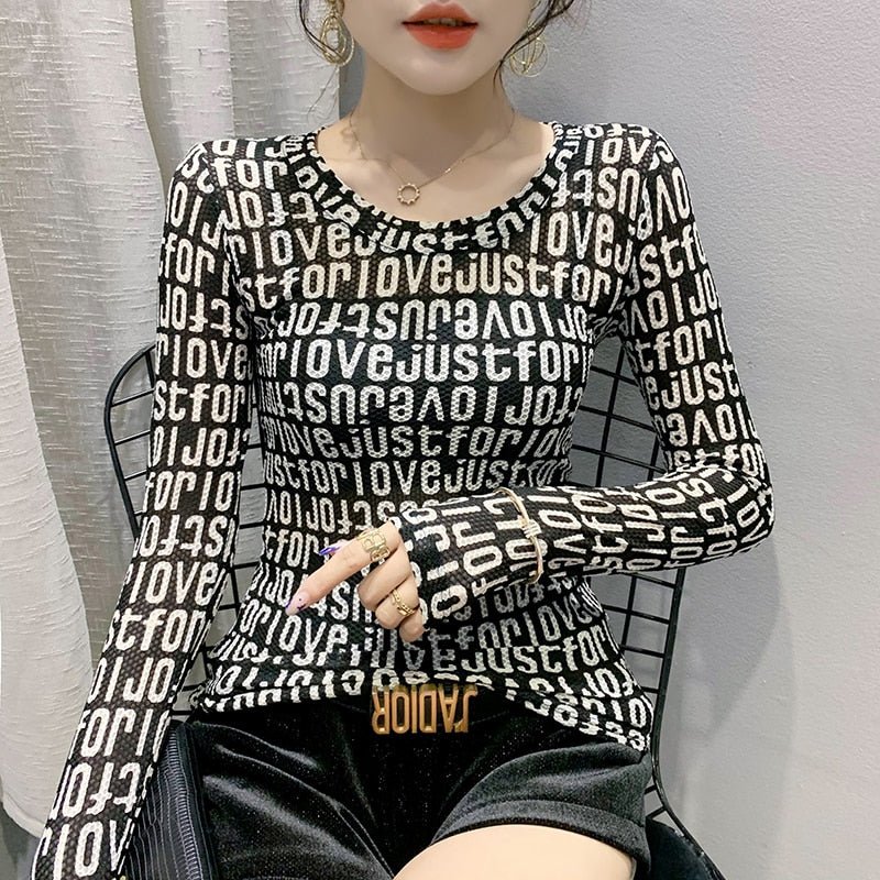 best Fast Ship Vintage Print Tops Letters Doodle T-shirt Women Turtleneck Long Sleeve Slim Stretchy Tee Casual Women Clothing Spring 0 shop online at M2K Trends for