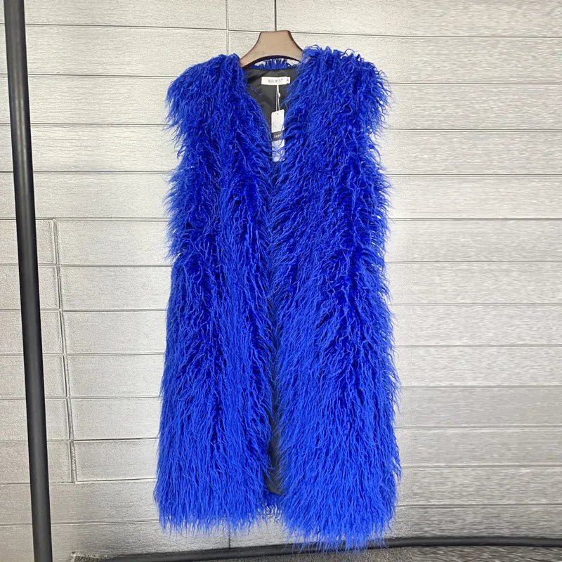 best Faux Mongolia Sheep Fur Women Long Vest Colorful Warm Faux Fur Big Size Plush Coats Female Jacket Autumn Winter Furry Outerwear Winter Furry Outerwear coat shop online at M2K Trends for Winter Furry Outerwear