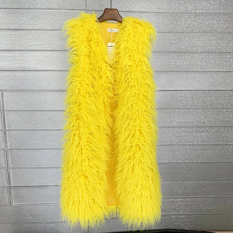 best Faux Mongolia Sheep Fur Women Long Vest Colorful Warm Faux Fur Big Size Plush Coats Female Jacket Autumn Winter Furry Outerwear Winter Furry Outerwear coat shop online at M2K Trends for Winter Furry Outerwear