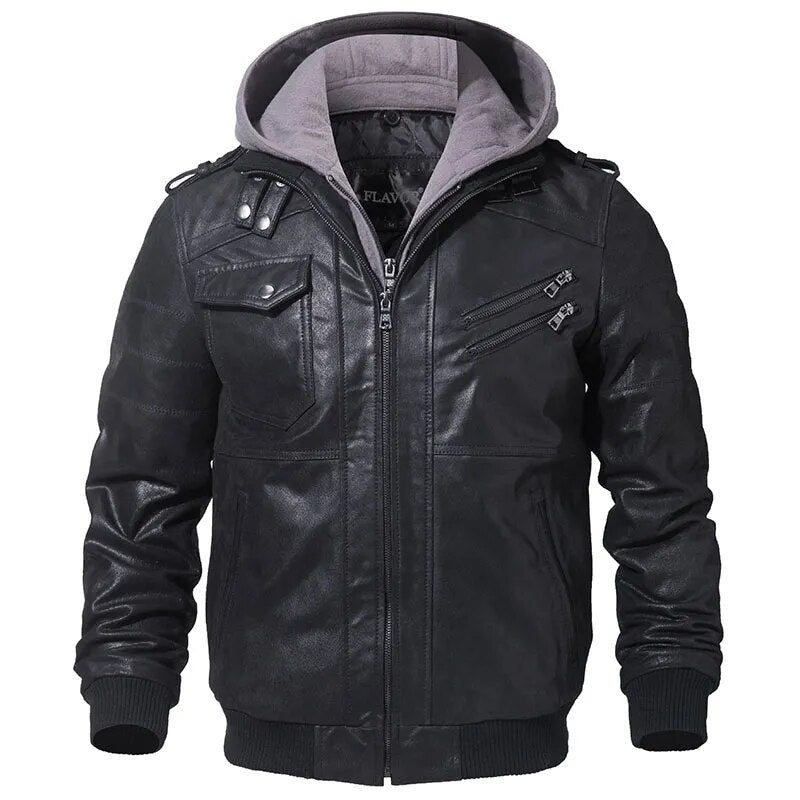 best FLAVOR Men's Real Leather Jacket Men Motorcycle Removable Hood winter coat Men Warm Genuine Leather Jackets winter jacket shop online at M2K Trends for