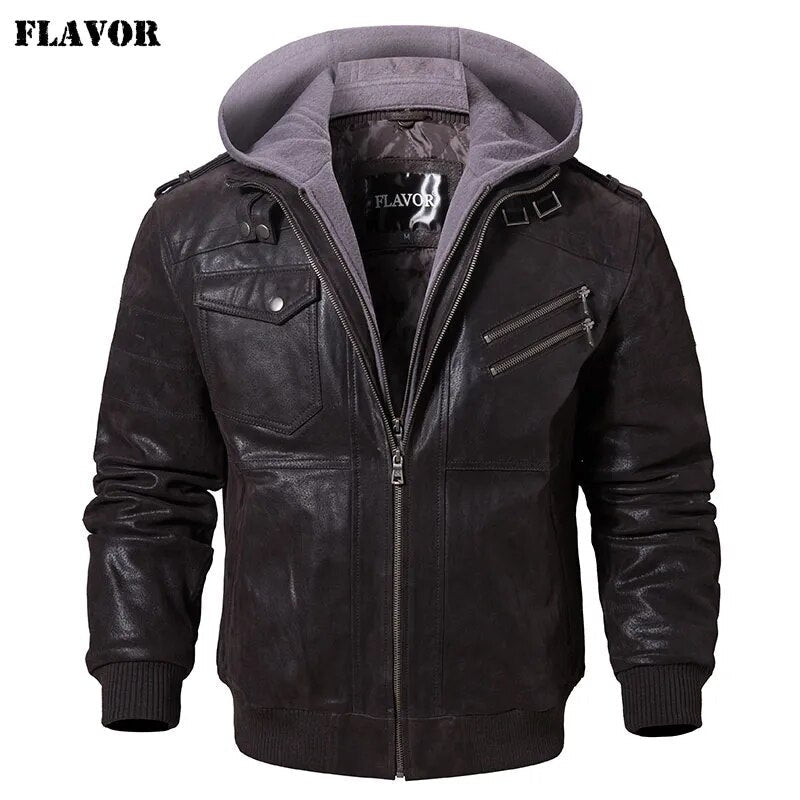 best FLAVOR Men's Real Leather Jacket Men Motorcycle Removable Hood winter coat Men Warm Genuine Leather Jackets winter jacket shop online at M2K Trends for