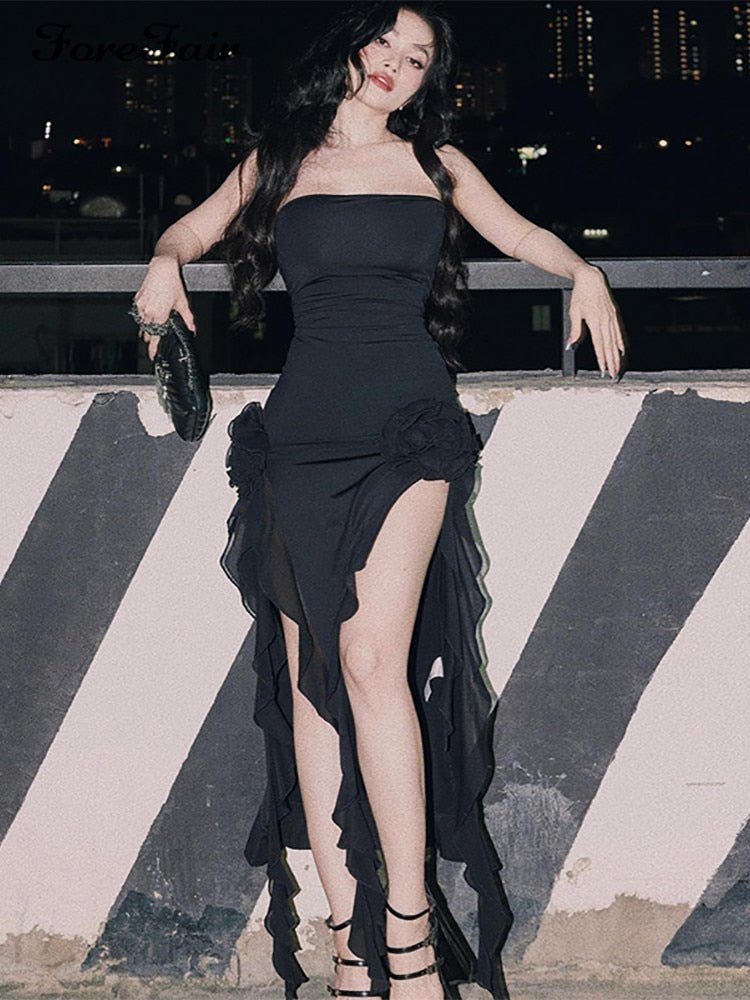 best Forefair Strapless Tube Sexy Dress Midi Floral Summer 2023 Off Shoulder Split Club Women Dress Party White Black Outfits Y2k 0 shop online at M2K Trends for