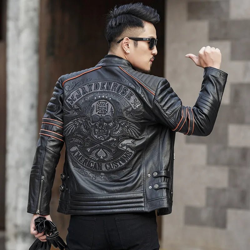 best Free shipping.Brand skull cowhide coat.Y2K black slim genuine leather jacket,Rider leather cloth.Chaqueta de cuero esqueleto shop online at M2K Trends for
