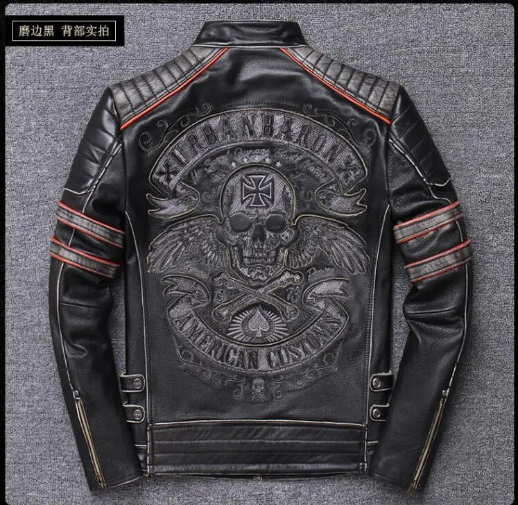 best Free shipping.Brand skull cowhide coat.Y2K black slim genuine leather jacket,Rider leather cloth.Chaqueta de cuero esqueleto shop online at M2K Trends for