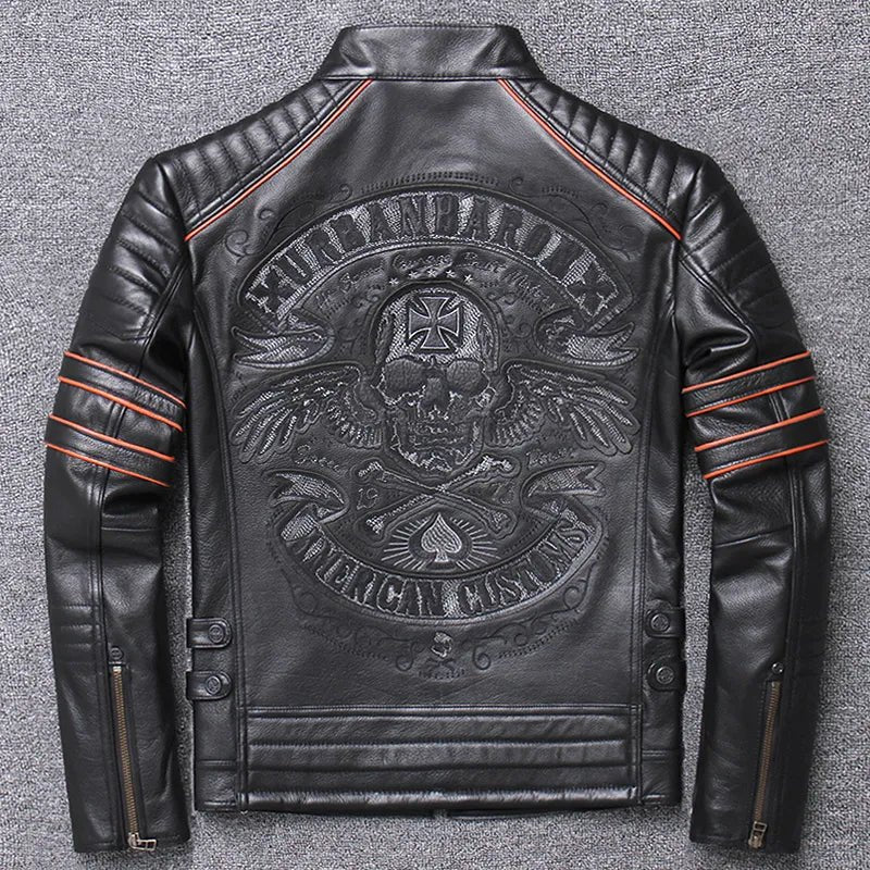best Free shipping.Brand skull cowhide coat.Y2K black slim genuine leather jacket,Rider leather cloth.Chaqueta de cuero esqueleto shop online at M2K Trends for