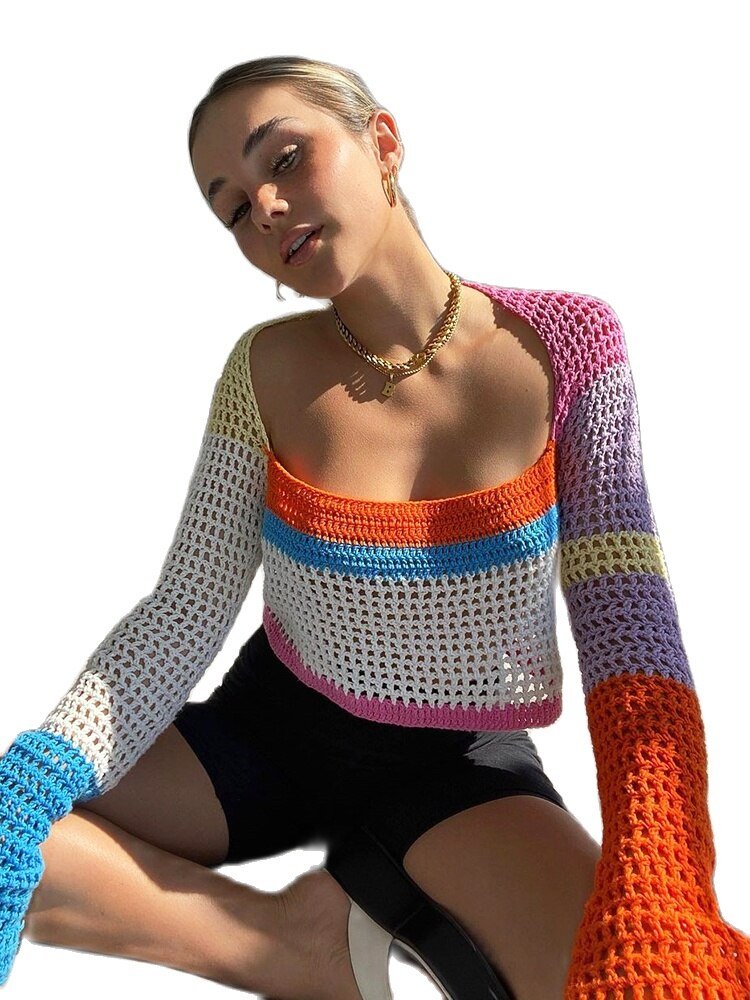 best FSDA Knitted Long Sleeve Crop Top Women Beach Autumn Summer Patchwork Vintage Green Casual T Shirts Sexy Fashion 0 shop online at M2K Trends for