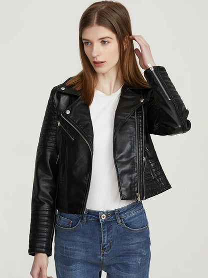 best FTLZZ Autumn Faux Leather Jacket Women Turndown Collar Pu Motorcycle Black Punk Coat Female Rivet Zipper Outerwear shop online at M2K Trends for Jackets & Coats