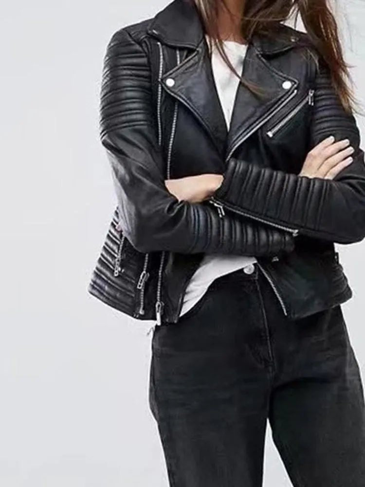 best FTLZZ Autumn Faux Leather Jacket Women Turndown Collar Pu Motorcycle Black Punk Coat Female Rivet Zipper Outerwear shop online at M2K Trends for Jackets & Coats