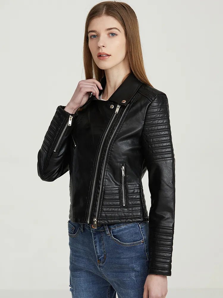 best FTLZZ Autumn Faux Leather Jacket Women Turndown Collar Pu Motorcycle Black Punk Coat Female Rivet Zipper Outerwear shop online at M2K Trends for Jackets & Coats