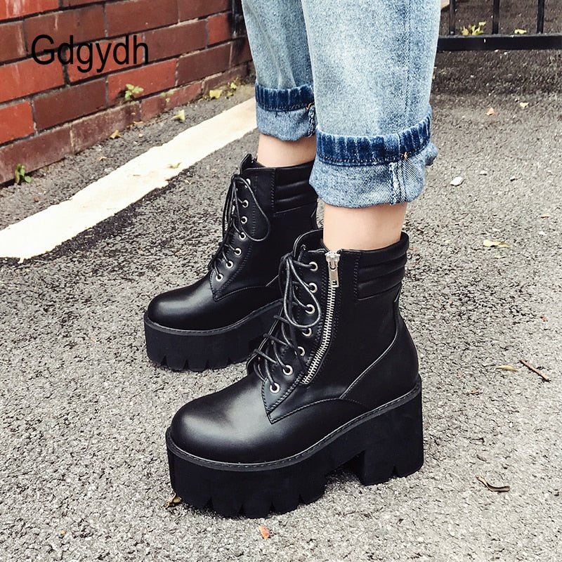 best Gdgydh Wholesale Autumn Ankle Boots For Women Motorcycle Boots Chunky Heels Casual Lacing Round Toe Platform Boots Shoes Female 0 shop online at M2K Trends for