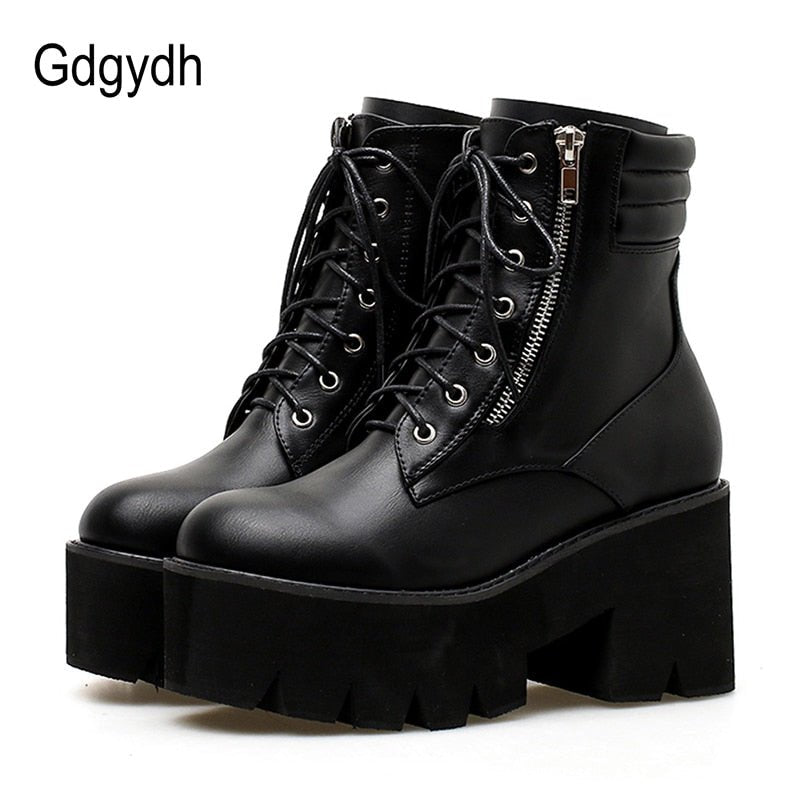 best Gdgydh Wholesale Autumn Ankle Boots For Women Motorcycle Boots Chunky Heels Casual Lacing Round Toe Platform Boots Shoes Female 0 shop online at M2K Trends for