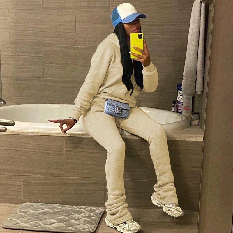 best Grey Hoodie Tracksuit Women Set Winter Thick Sweatshirts and Stacked Sweatpants Jogger Set Sport Two Piece Sweatsuits for Women shop online at M2K Trends for