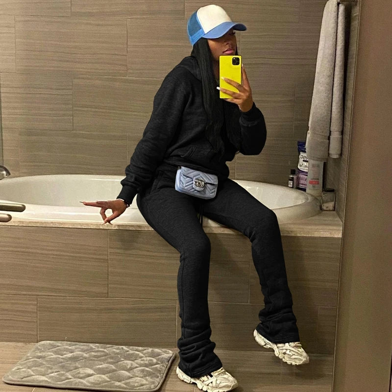 best Grey Hoodie Tracksuit Women Set Winter Thick Sweatshirts and Stacked Sweatpants Jogger Set Sport Two Piece Sweatsuits for Women shop online at M2K Trends for