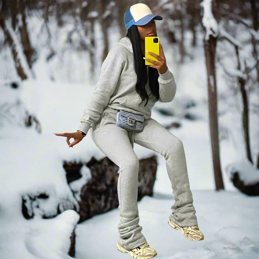 best Grey Hoodie Tracksuit Women Set Winter Thick Sweatshirts and Stacked Sweatpants Jogger Set Sport Two Piece Sweatsuits for Women shop online at M2K Trends for