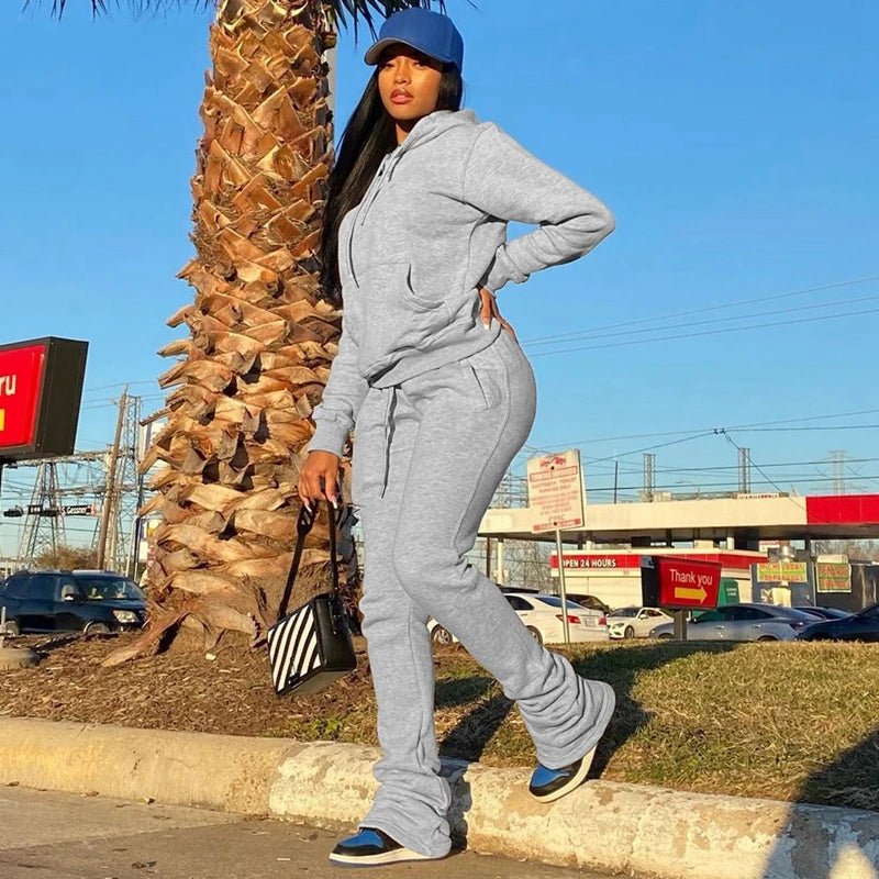 best Grey Hoodie Tracksuit Women Set Winter Thick Sweatshirts and Stacked Sweatpants Jogger Set Sport Two Piece Sweatsuits for Women shop online at M2K Trends for