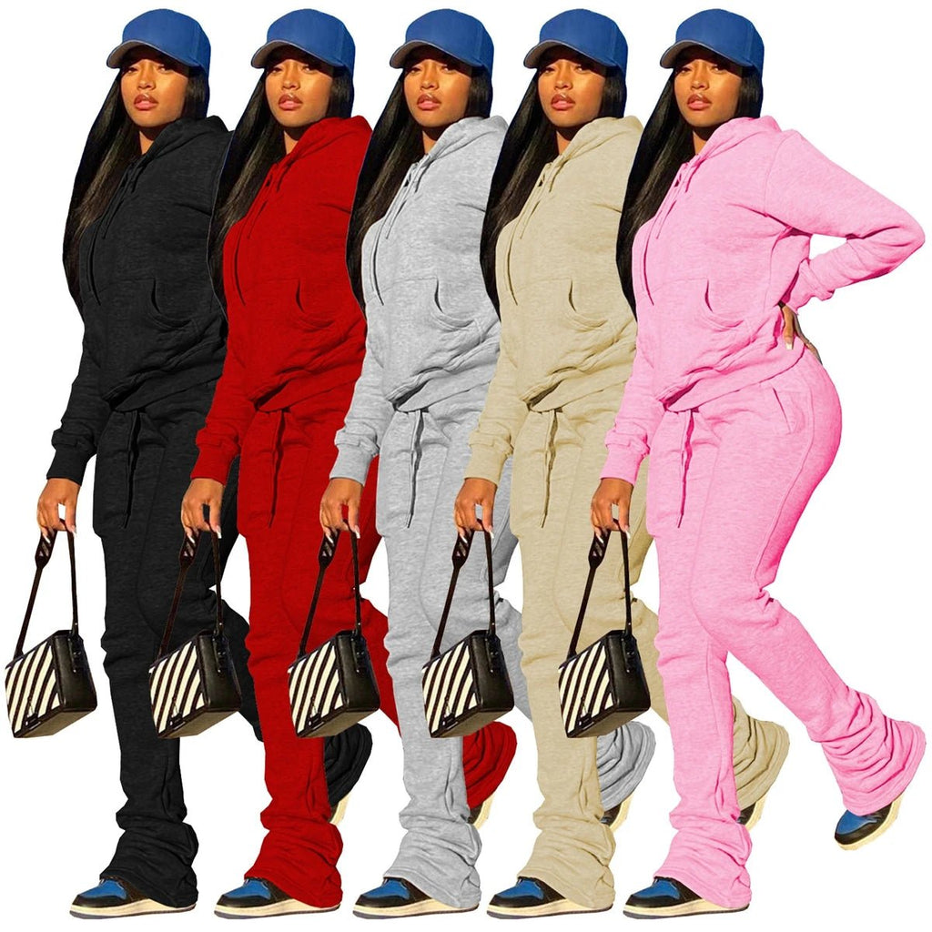 best Grey Hoodie Tracksuit Women Set Winter Thick Sweatshirts and Stacked Sweatpants Jogger Set Sport Two Piece Sweatsuits for Women shop online at M2K Trends for