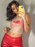 best Harajuku Top Mesh T-shirt Crop Top Y2K Clothes Summer Long Sleeve Graphic Tee Shirt Femme 2022 Print Women Pulovers Sexy T-shirt shop online at M2K Trends for