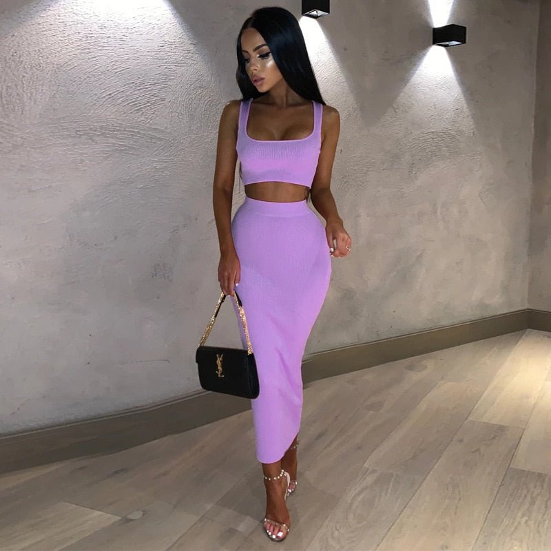 best HAWTHAW women summer clothes soild color casual crop tank tops long pencil skirt fitness skinny outfit suit two piece 2pc sets 0 shop online at M2K Trends for