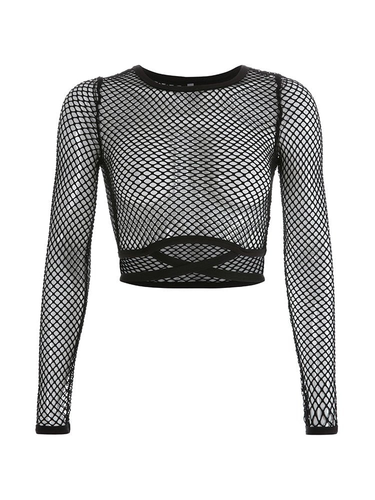 best Black Fishnet Sexy T shirt Women Hollow Out Mesh Long Sleeve Crop Tops Tees Bandage See Through T Shirt Female Spring Blouse shop online at M2K Trends for black t shirt women