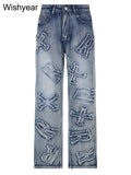 best High Waist Letter Ripped Jeans Fashion Women Winter Straight Trousers Denim Baggy Pants Spring Ladies Y2K Streetwear Wholesale shop online at M2K Trends for
