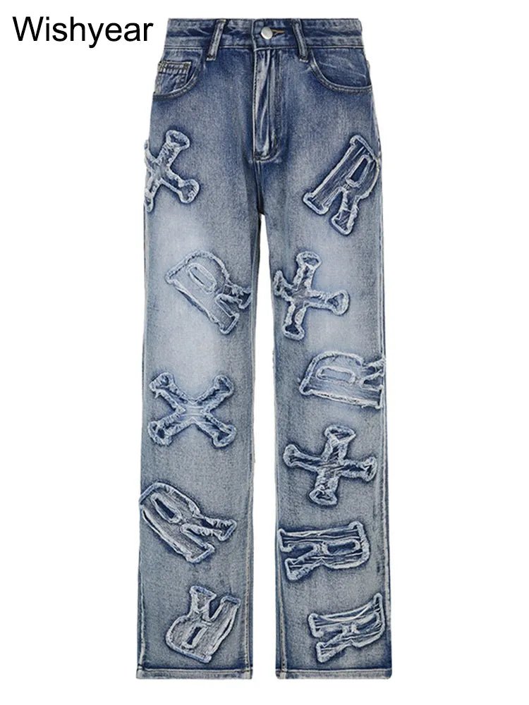 best High Waist Letter Ripped Jeans Fashion Women Winter Straight Trousers Denim Baggy Pants Spring Ladies Y2K Streetwear Wholesale shop online at M2K Trends for