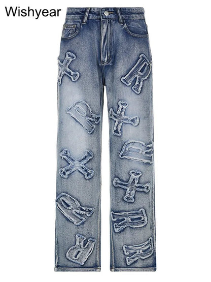 best High Waist Letter Ripped Jeans Fashion Women Winter Straight Trousers Denim Baggy Pants Spring Ladies Y2K Streetwear Wholesale shop online at M2K Trends for