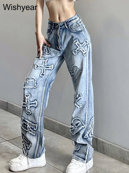 best High Waist Letter Ripped Jeans Fashion Women Winter Straight Trousers Denim Baggy Pants Spring Ladies Y2K Streetwear Wholesale shop online at M2K Trends for