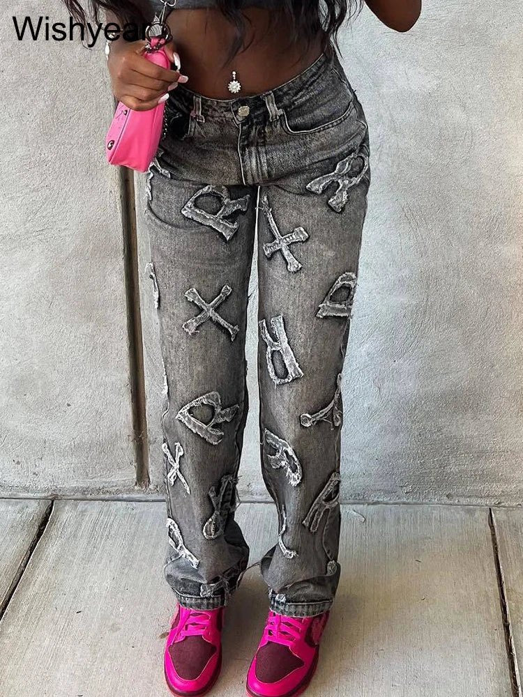 best High Waist Letter Ripped Jeans Fashion Women Winter Straight Trousers Denim Baggy Pants Spring Ladies Y2K Streetwear Wholesale shop online at M2K Trends for