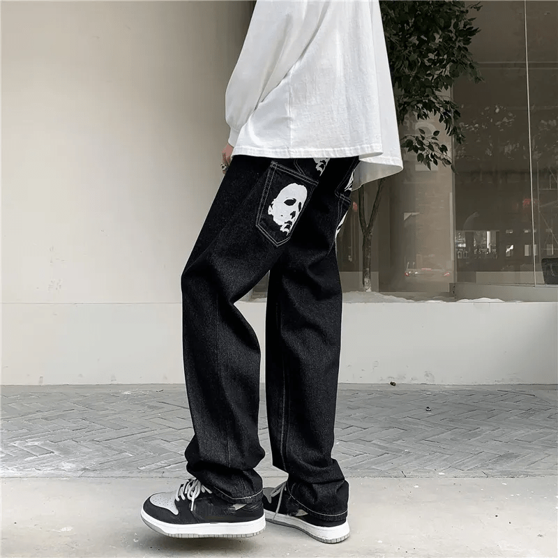 best Hip Hop Printed Jeans Men Baggy Black Denim Trousers Straight Pants Spring Fashion Korean Streetwear Male Bottoms Y2K Clothes shop online at M2K Trends for