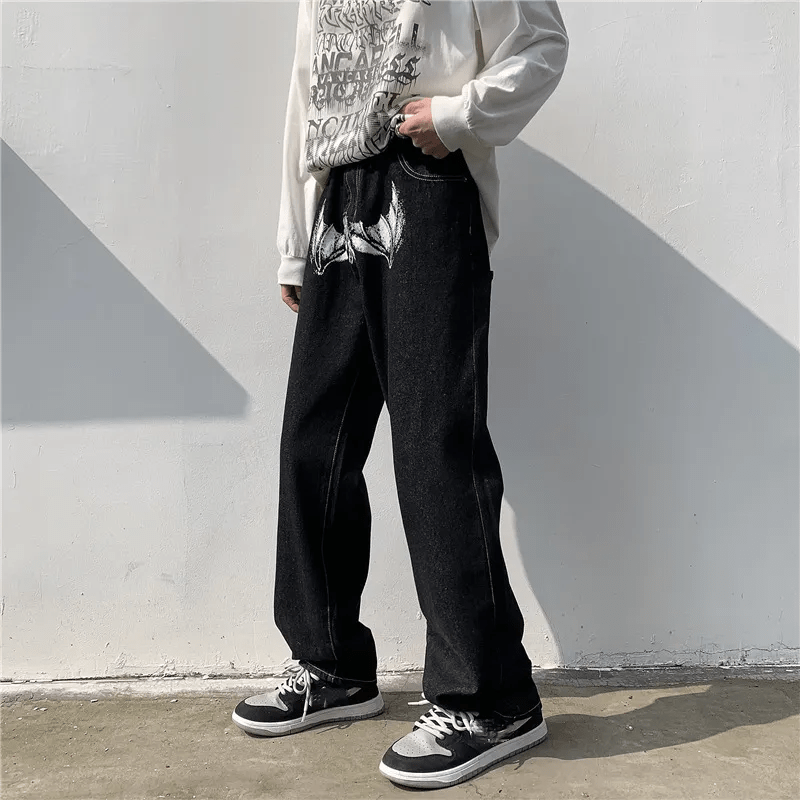 best Hip Hop Printed Jeans Men Baggy Black Denim Trousers Straight Pants Spring Fashion Korean Streetwear Male Bottoms Y2K Clothes shop online at M2K Trends for