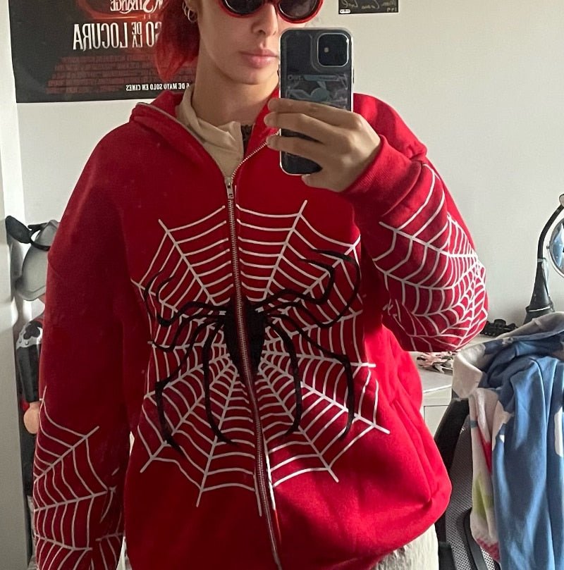 best Hip Hop Women Hoodies Gothic Spider Web Print Hooded Zip Up Jacket Coats Grunge Y2k Oversized Streetwear Men's Sweatshirt Tops 0 shop online at M2K Trends for