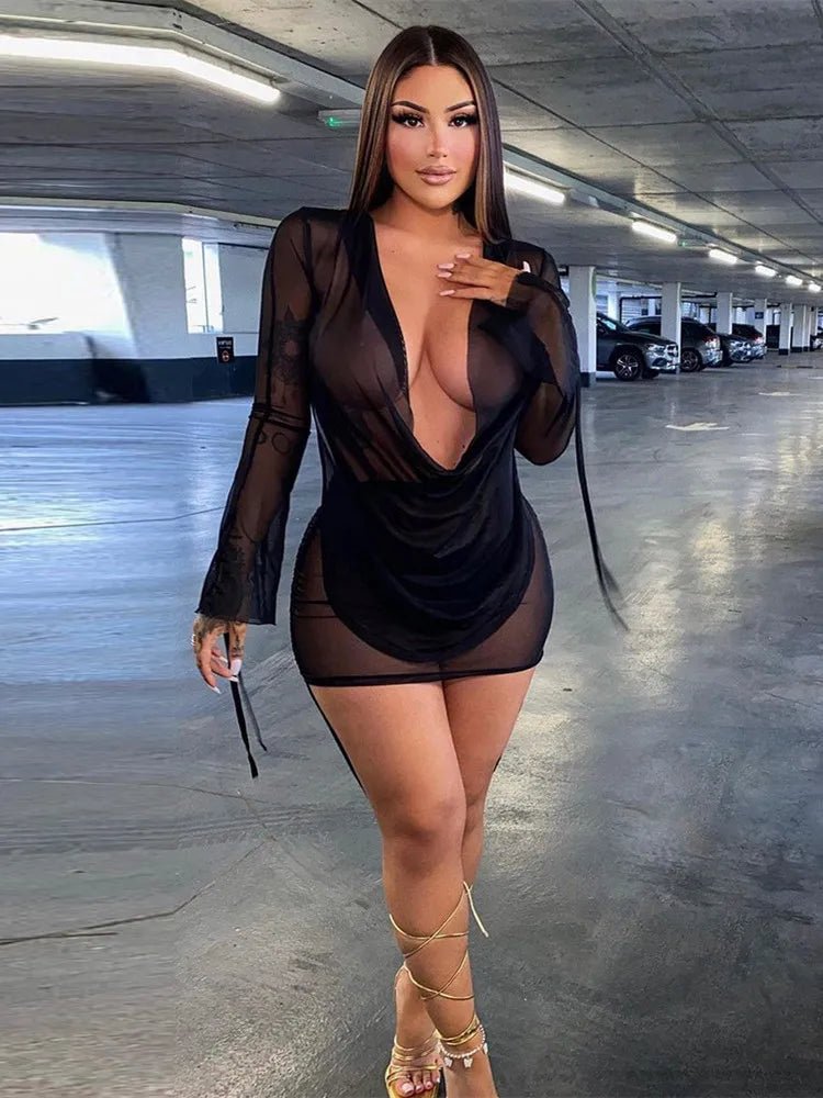 best hirigin Deep V Neck Sexy Mini Mesh Dress Women Party Outfit 2023 Black See Through Long Sleeve Spring Club Bodycon Dress shop online at M2K Trends for