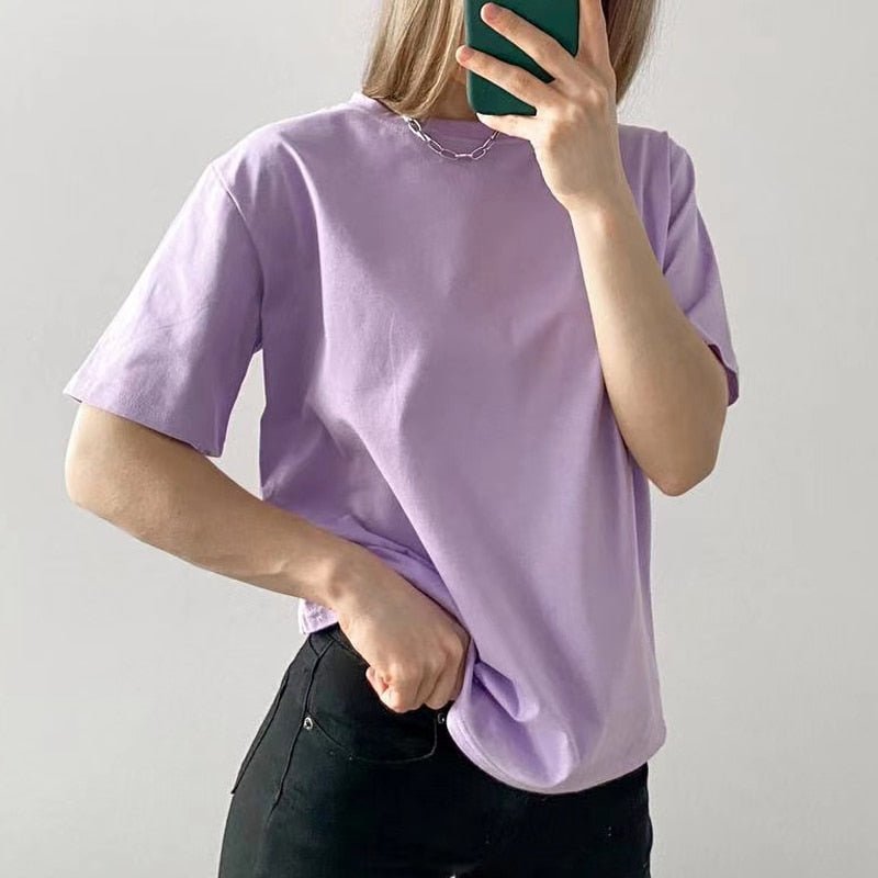 best Hirsionsan Basic Cotton T Shirt Women Summer New Oversized Solid Tees 7 Color Casual Loose Tshirt Korean O Neck Female Tops 0 shop online at M2K Trends for