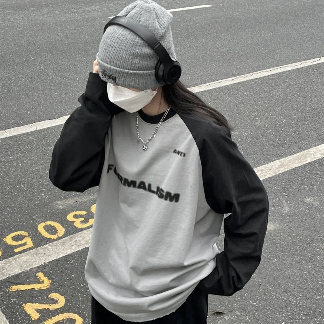 best HOUZHOU Basic Cotton Long Sleeve Gray Tshirt Harajuku Vintage Streetwear Oversize Loose Patchwork T Shirt Korean Top Autumn 2022 0 shop online at M2K Trends for