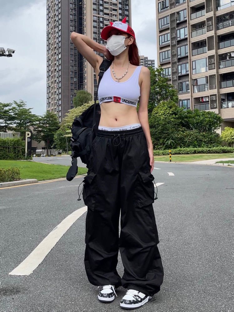 best HOUZHOU Y2K Parachute Pants Women Hippie Streetwear Oversize Pockets Cargo Trousers Harajuku Techwear Wide Pantalone Egirl Style 0 shop online at M2K Trends for