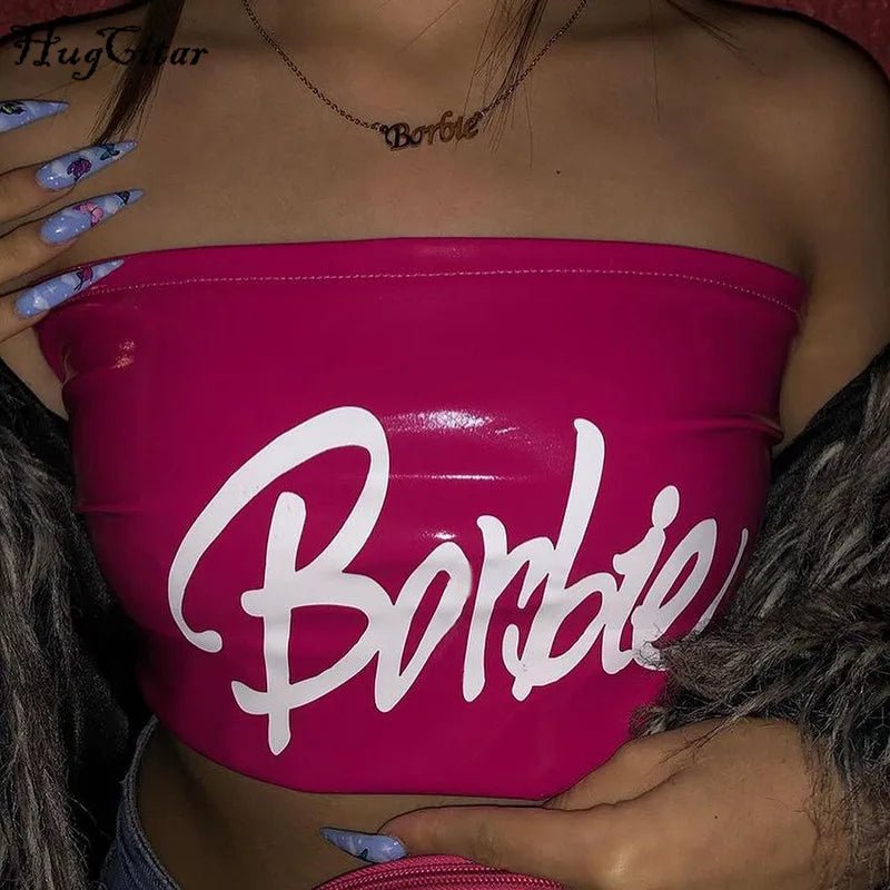 best Hugcitar 2021 Letters Print Leather Sexy Canale Tube Crop Top Summer Women Fashion Streetwear Outfits Club Y2K Tees shop online at M2K Trends for