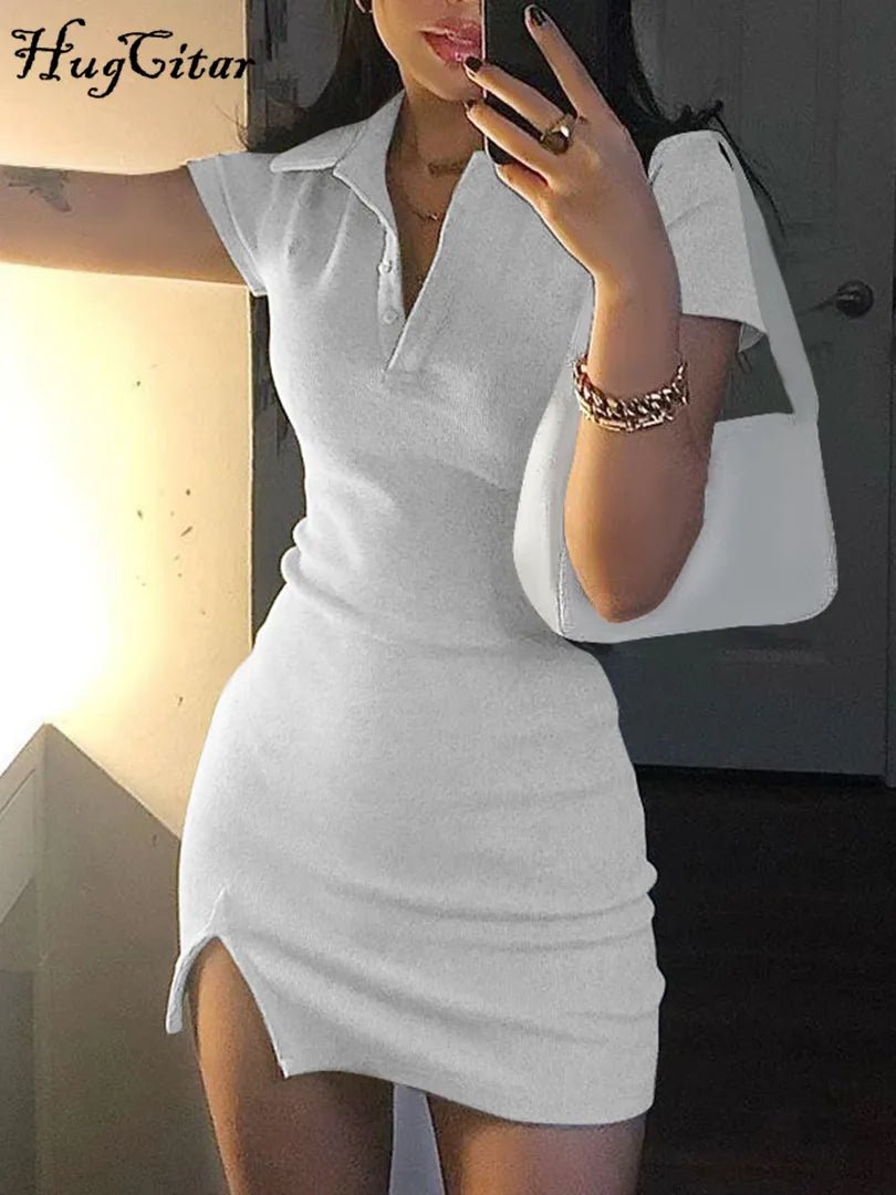 best Hugcitar 2021 Short Sleeve Slit Sexy Mini Dress Summer Women Fashion Streetwear Outfits Cute Solid Y2K Party Clothing shop online at M2K Trends for