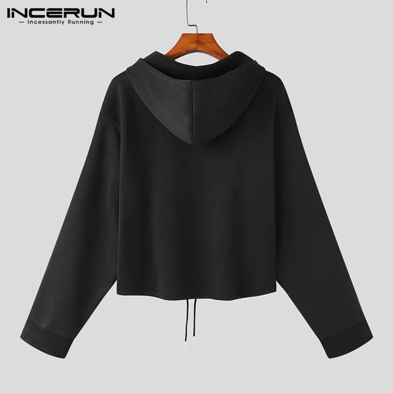 best INCERUN Tops 2023 Korean Style New Men High-waisted Drawcord Hooded Casual Streetwear Solid All-match Zippered Sweatshirts S-5XL shop online at M2K Trends for