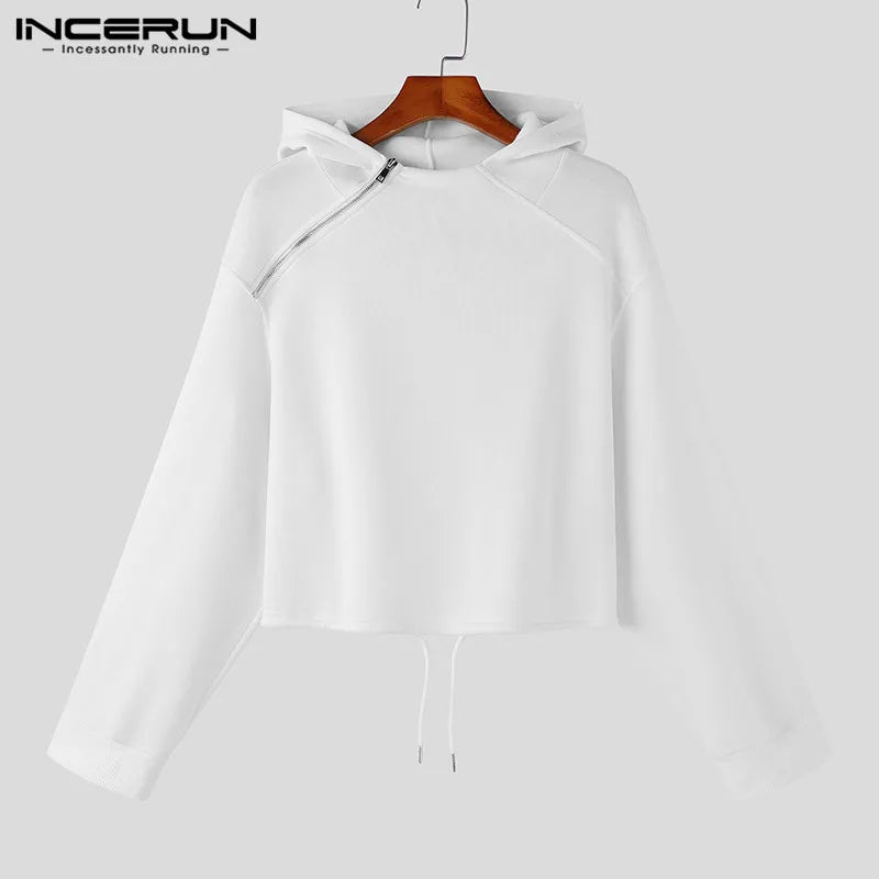best INCERUN Tops 2023 Korean Style New Men High-waisted Drawcord Hooded Casual Streetwear Solid All-match Zippered Sweatshirts S-5XL shop online at M2K Trends for
