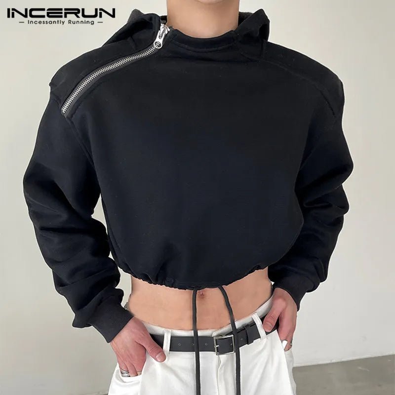 best INCERUN Tops 2023 Korean Style New Men High-waisted Drawcord Hooded Casual Streetwear Solid All-match Zippered Sweatshirts S-5XL shop online at M2K Trends for