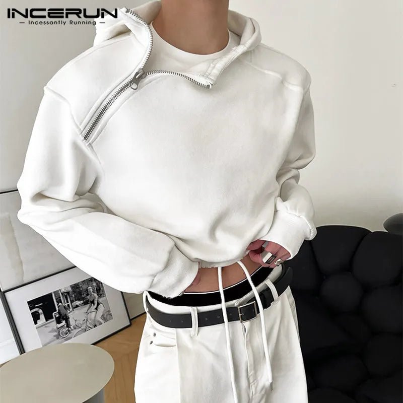 best INCERUN Tops 2023 Korean Style New Men High-waisted Drawcord Hooded Casual Streetwear Solid All-match Zippered Sweatshirts S-5XL shop online at M2K Trends for