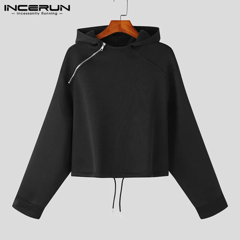 best INCERUN Tops 2023 Korean Style New Men High-waisted Drawcord Hooded Casual Streetwear Solid All-match Zippered Sweatshirts S-5XL shop online at M2K Trends for